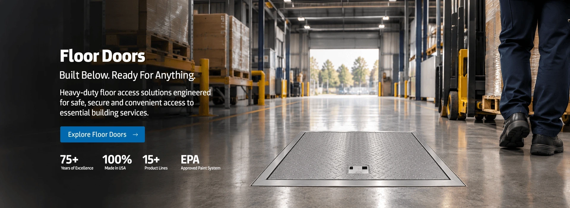 Karp heavy-duty floor door installed in an industrial warehouse floor
