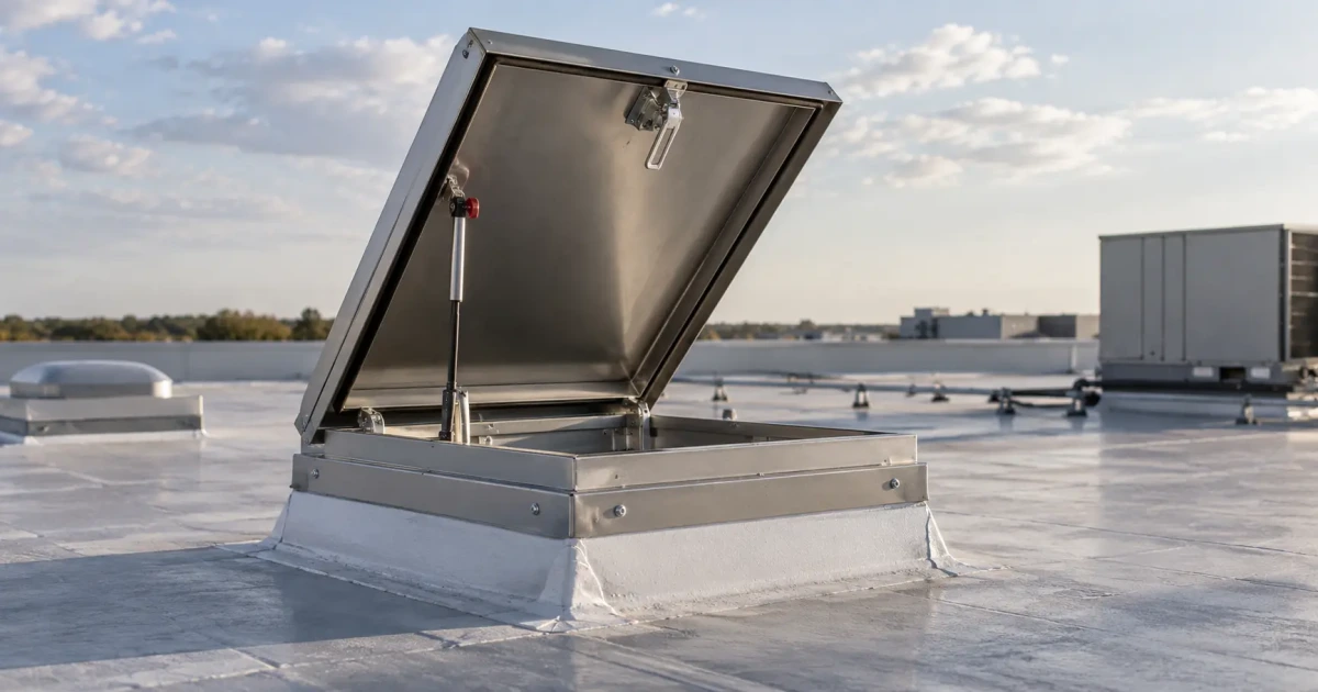 Karp KRHG galvanized and KRHA aluminum roof hatches on a commercial roof