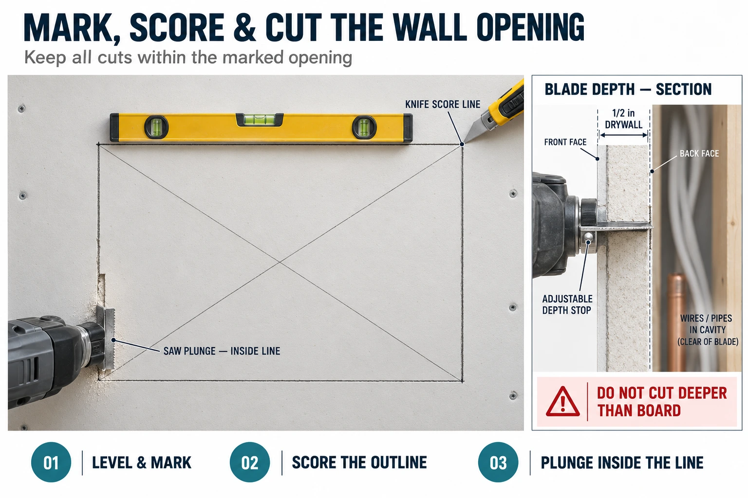 Cutting a drywall access panel opening: scored line, plunge cut inside the line and shallow blade depth