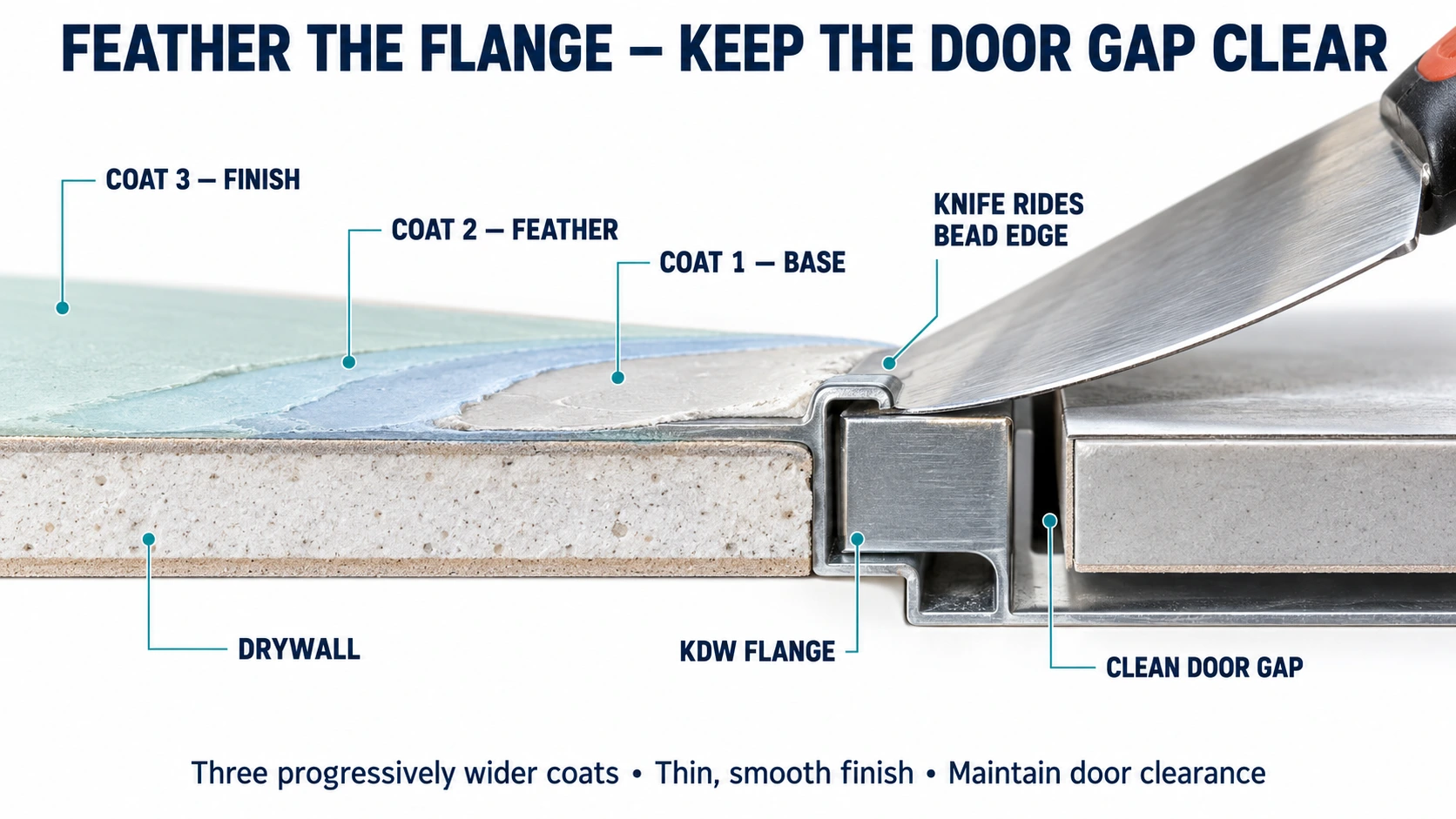Joint compound feathered over a beaded access door flange with the door gap kept clear